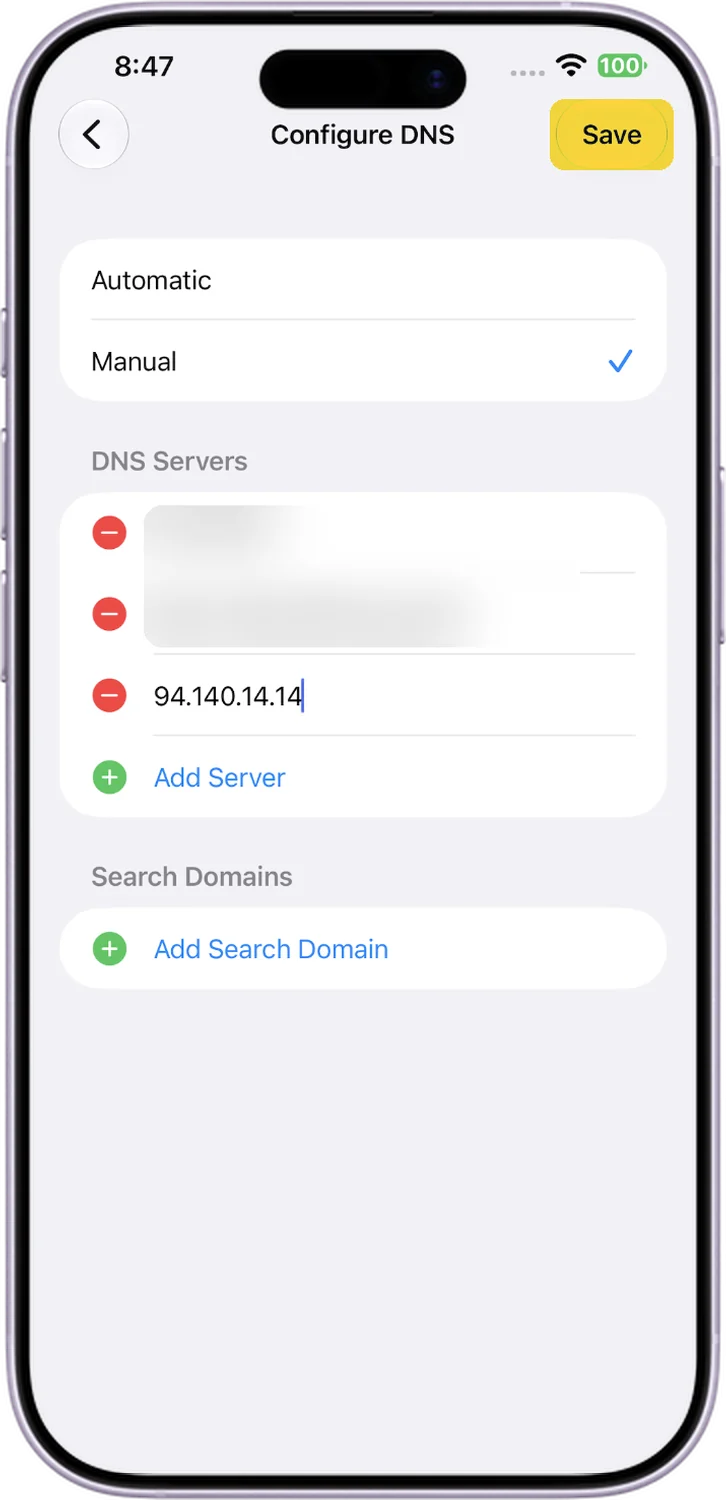 iPhone, step 5: Add the DNS servers and save