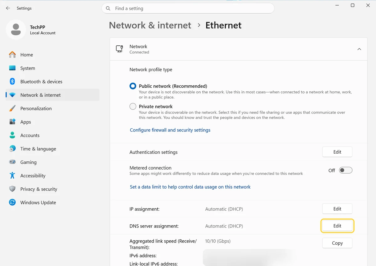 Windows 11, step 2: Edit the DNS server