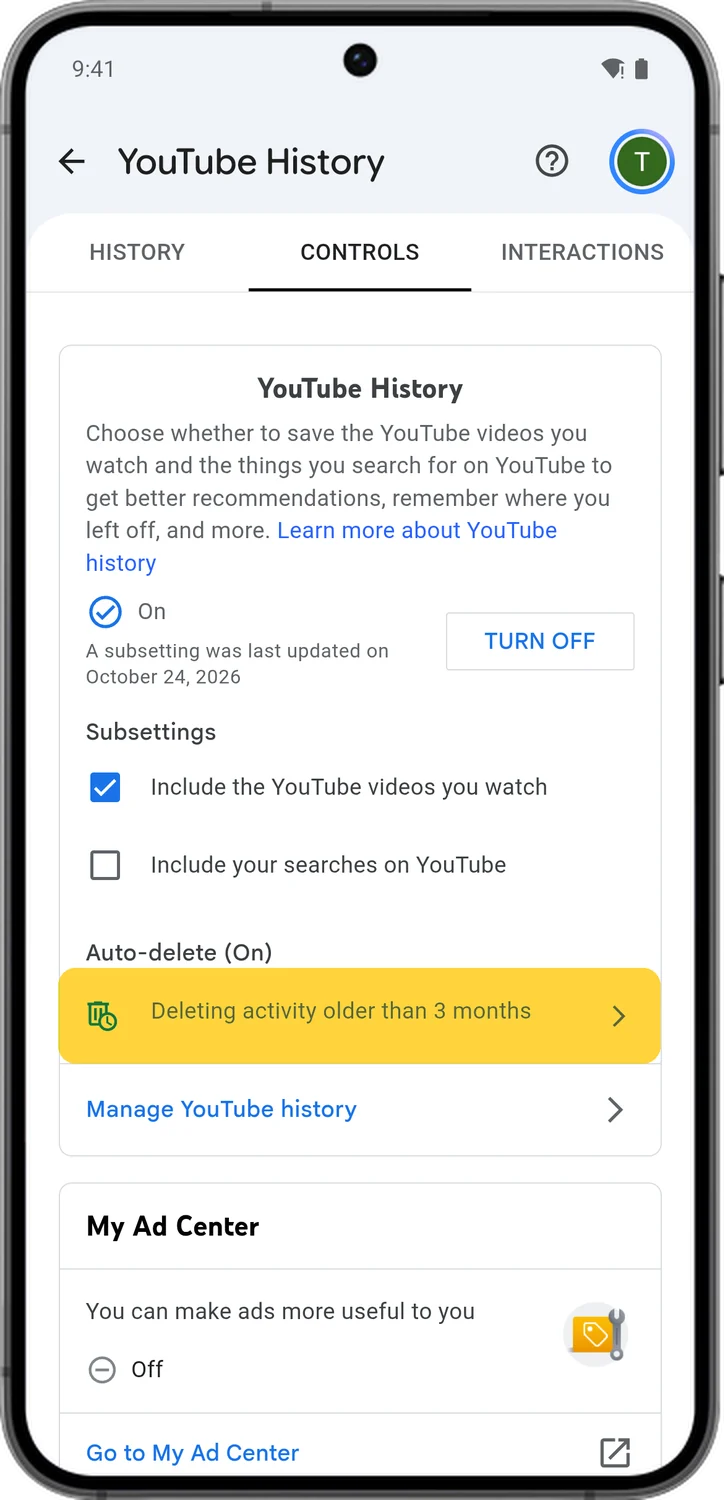 Google Account screen for step 1: Open the setting, for example YouTube History, and tap the Auto-delete row.