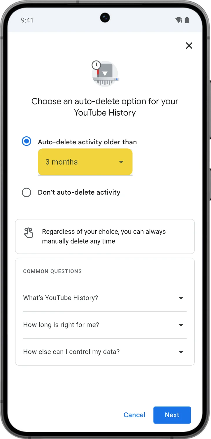 Google Account screen for step 2: Tap the period under Auto-delete activity older than.