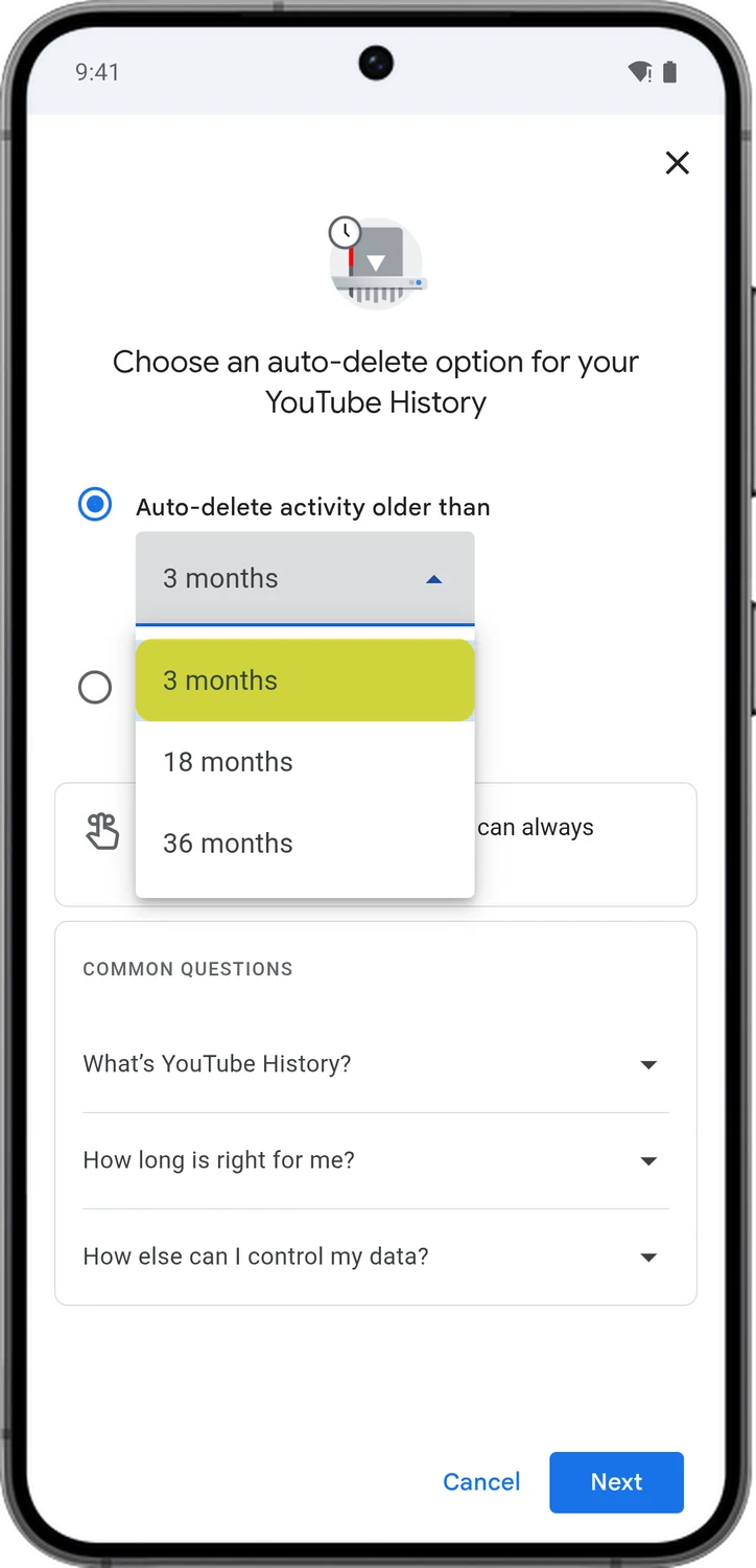 Google Account screen for step 3: Pick 3 months, the shortest option. Then tap Next and confirm.