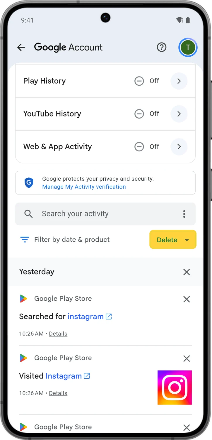 Google Account screen for step 1: In My Activity, scroll down and tap Delete above your activity list.