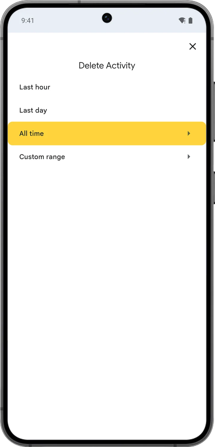Google Account screen for step 2: Choose All time to erase everything. You can also pick the last hour, the last day, or a custom range.