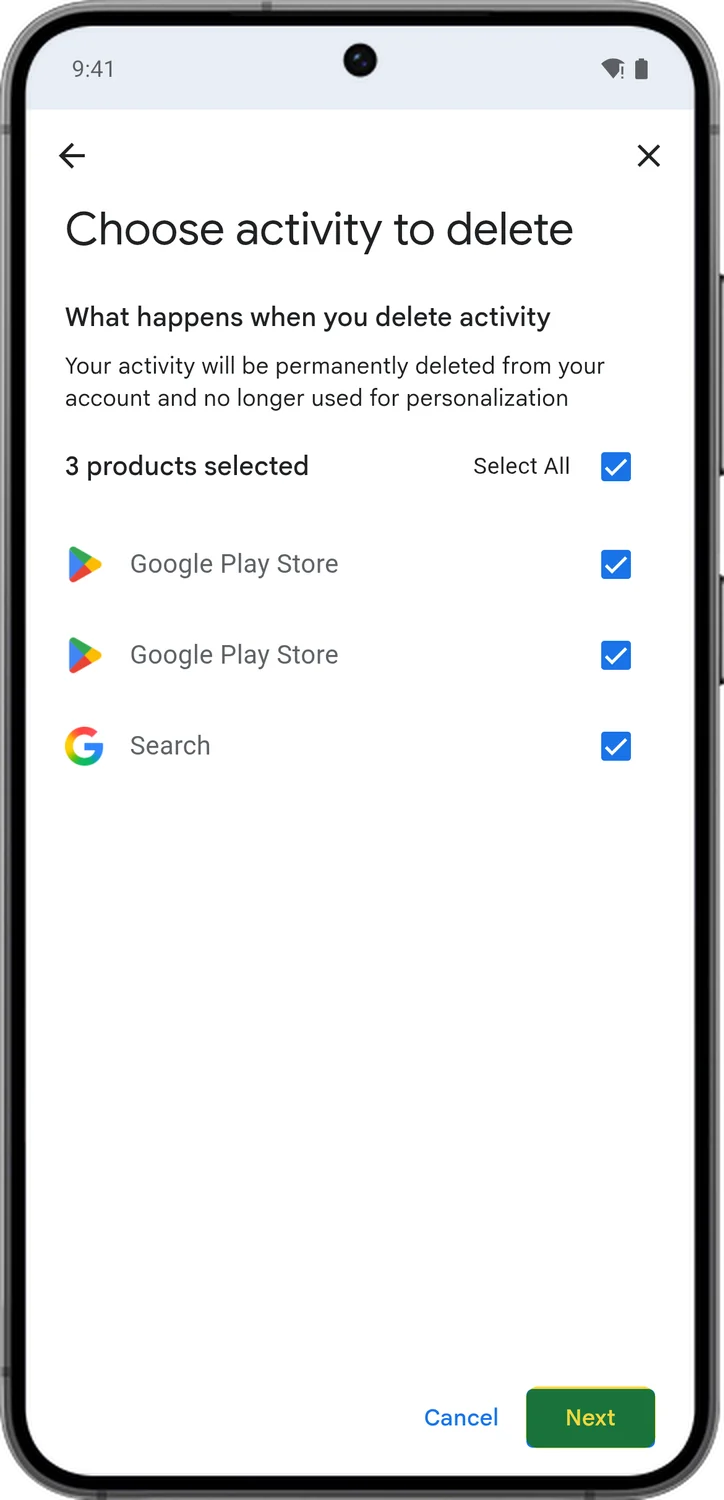 Google Account screen for step 3: Keep the services you want to clear ticked, tap Next, and then Delete to confirm.