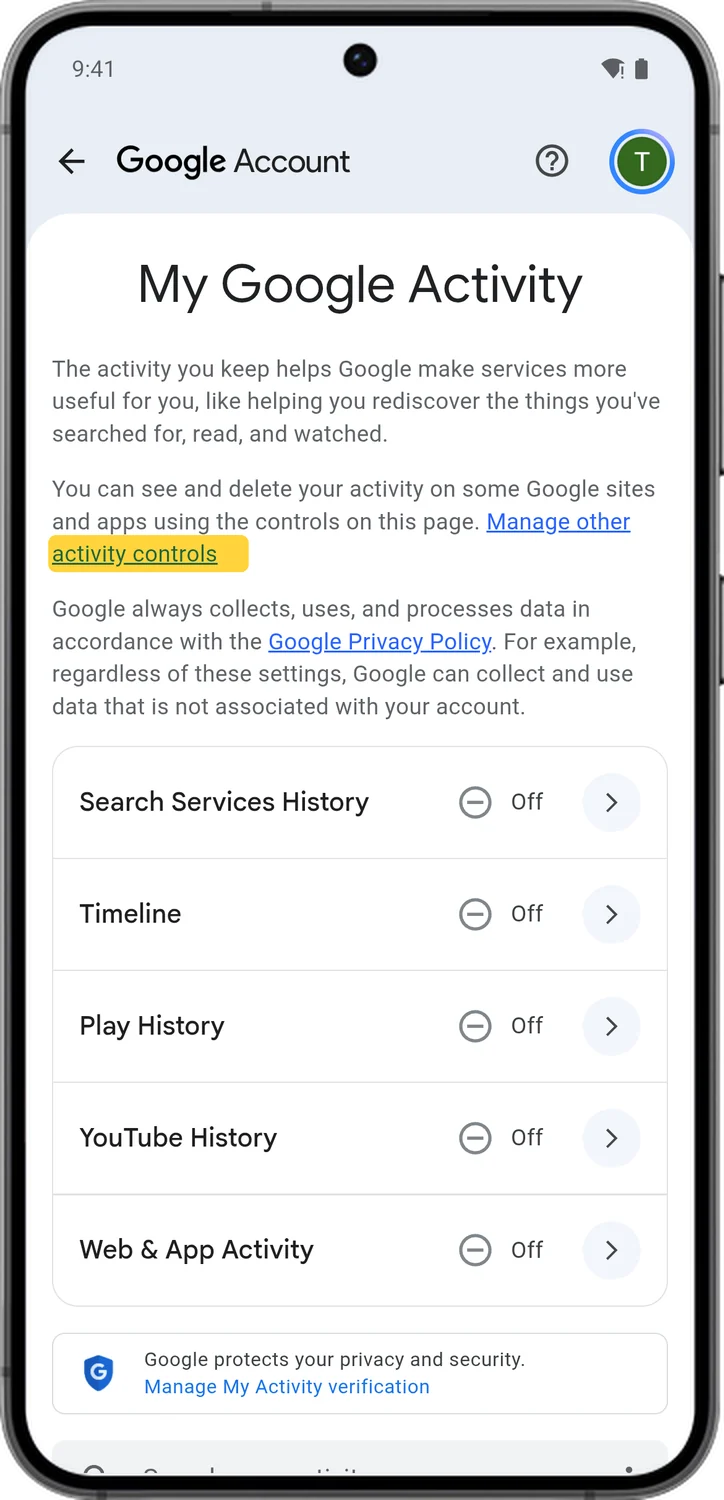 Google Account screen for step 1: In My Activity, tap Manage other activity controls.