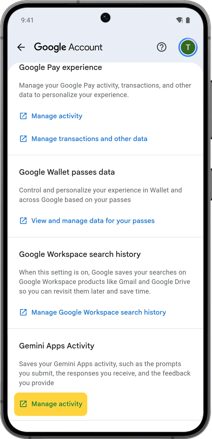 Google Account screen for step 2: Scroll down to Gemini Apps Activity and tap Manage activity.