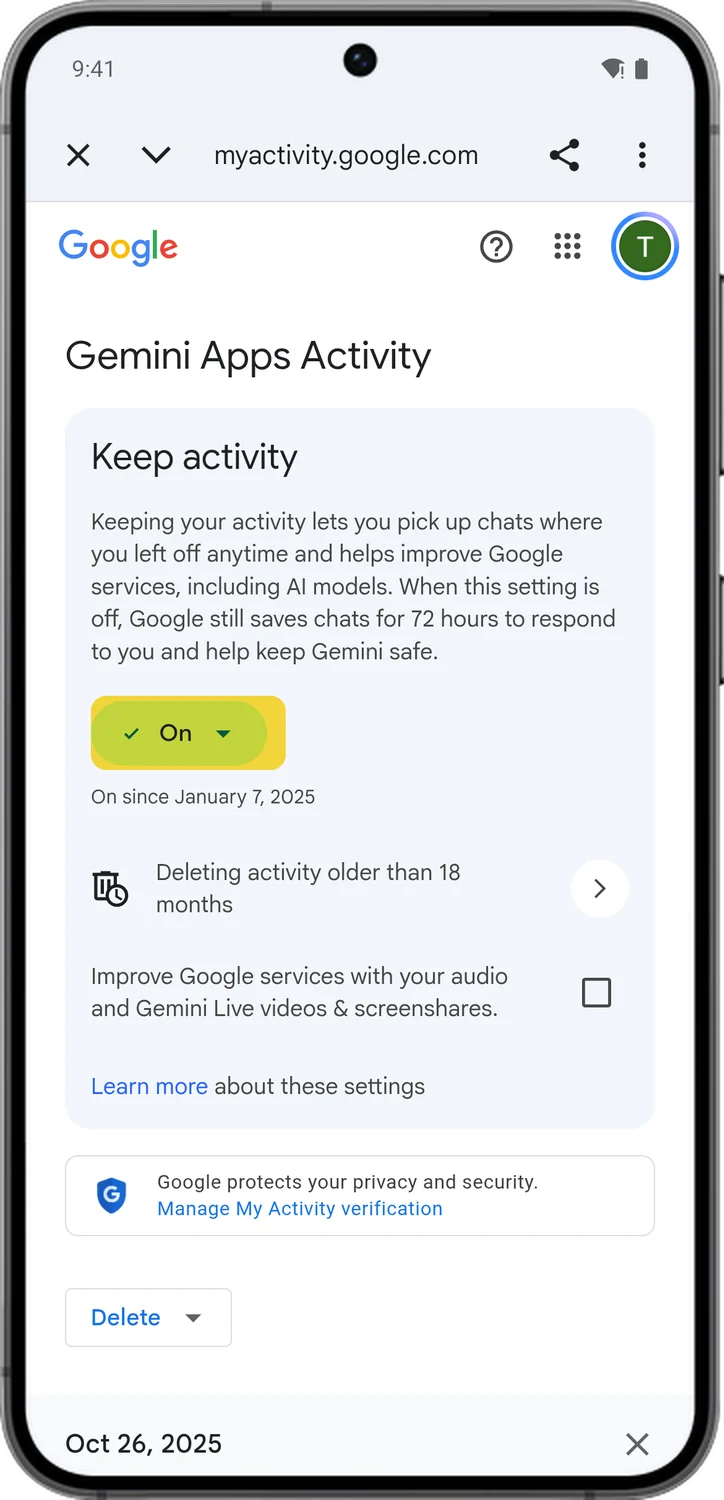 Google Account screen for step 3: Under Keep activity, tap the On button.