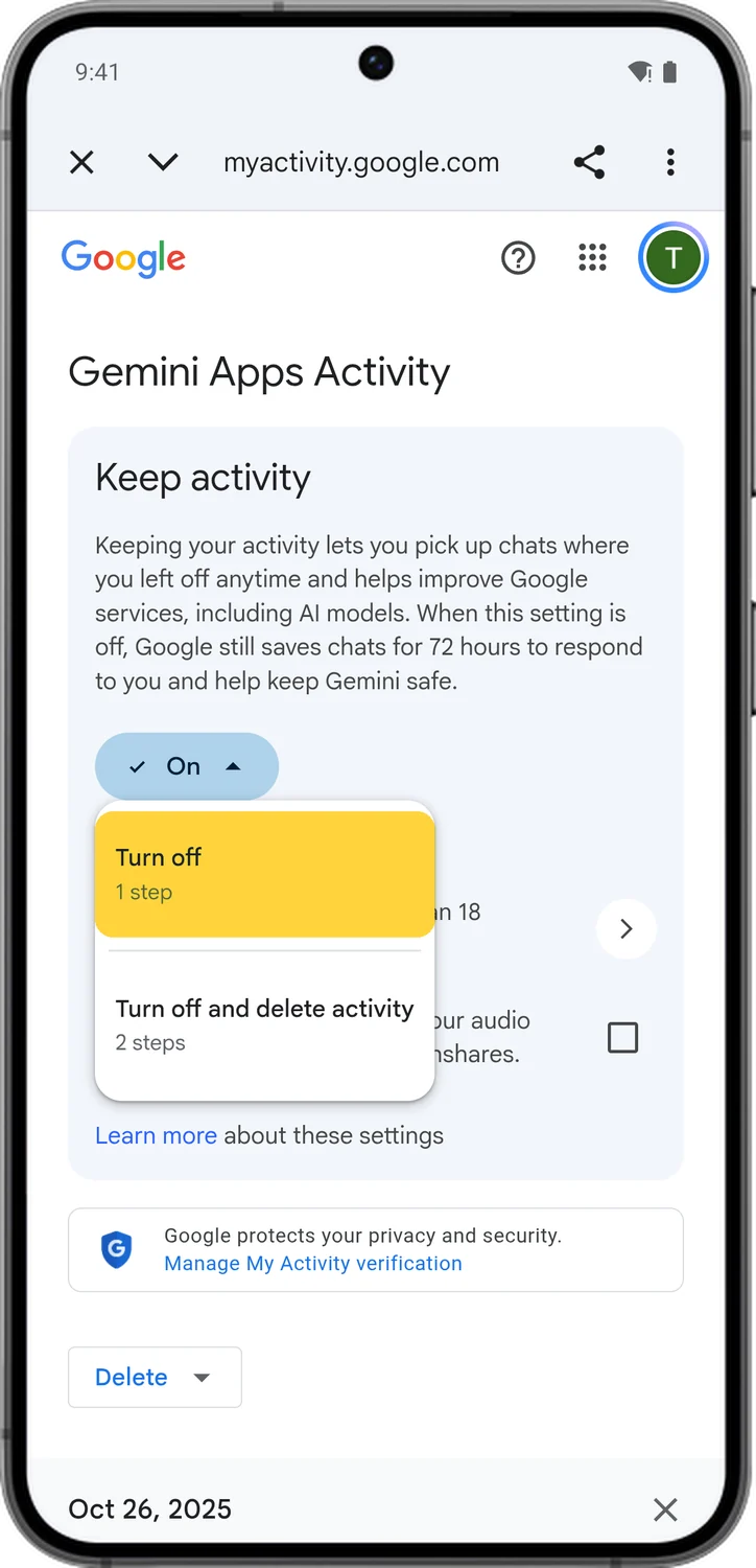Google Account screen for step 4: Tap Turn off.