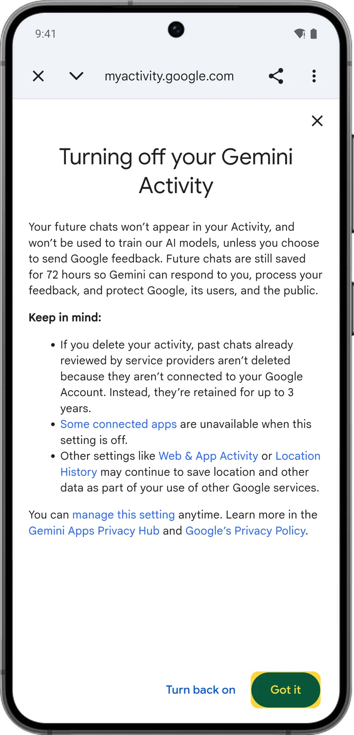 Google Account screen for step 5: Read what changes, then tap Got it.