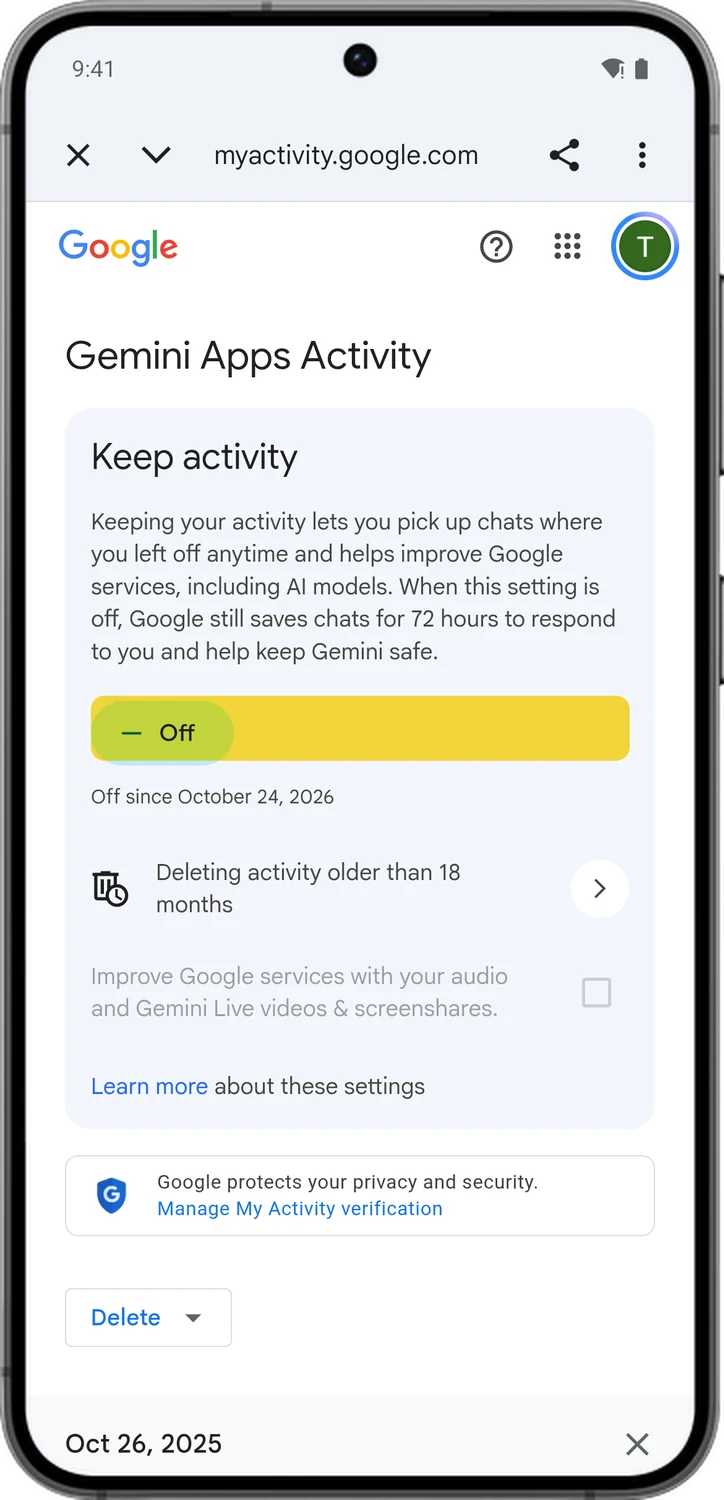Google Account screen for step 6: Keep activity now says Off.