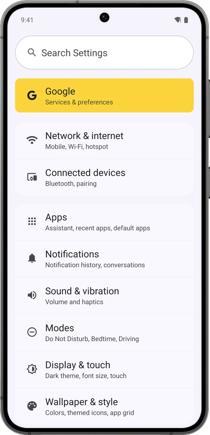 Google Account screen for step 1: Open Settings on your Android phone and tap Google.