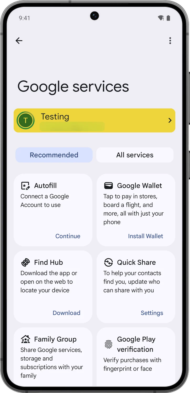 Google Account screen for step 2: Tap your name and email address at the top.