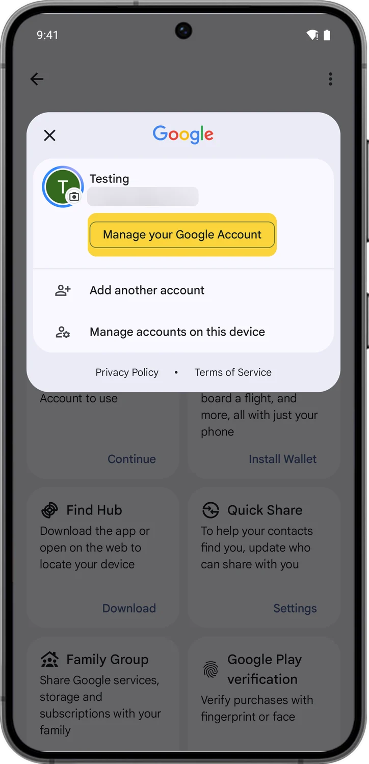 Google Account screen for step 3: Tap Manage your Google Account.