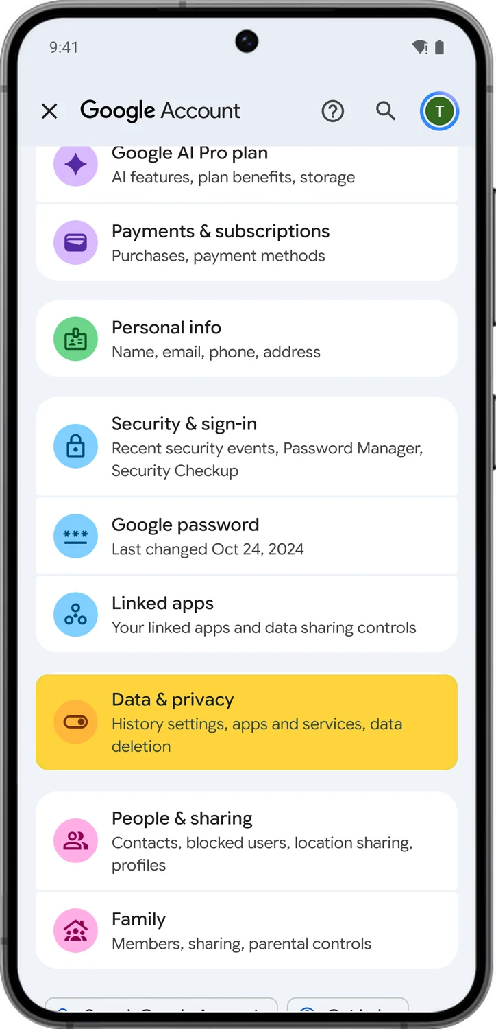 Google Account screen for step 4: Scroll down and tap Data & privacy.