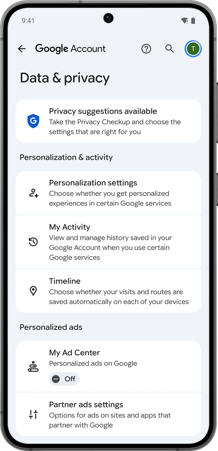 Google Account screen for step 5: This is Data & privacy. All the settings in this guide start from this screen.