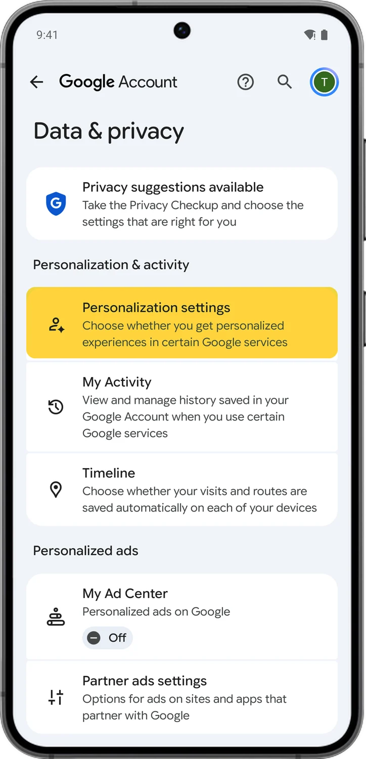 Google Account screen for step 1: On Data & privacy, tap Personalization settings.
