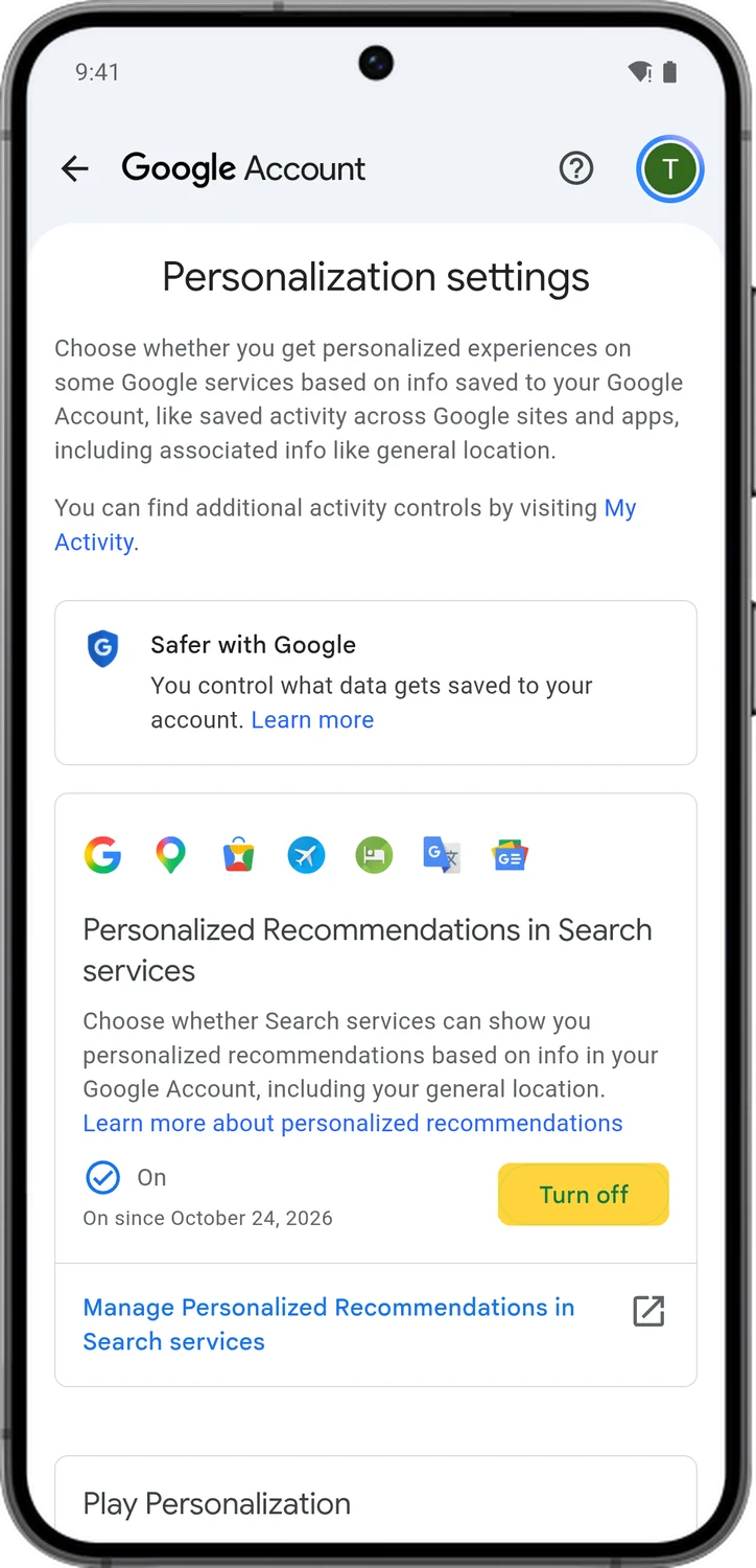 Google Account screen for step 2: Under Personalized Recommendations in Search services, tap Turn off.