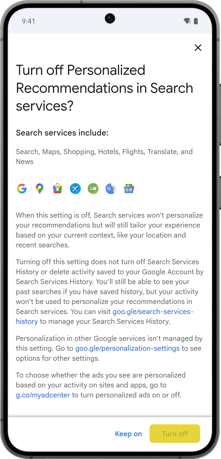 Google Account screen for step 3: Scroll to the bottom of the note and tap Turn off.