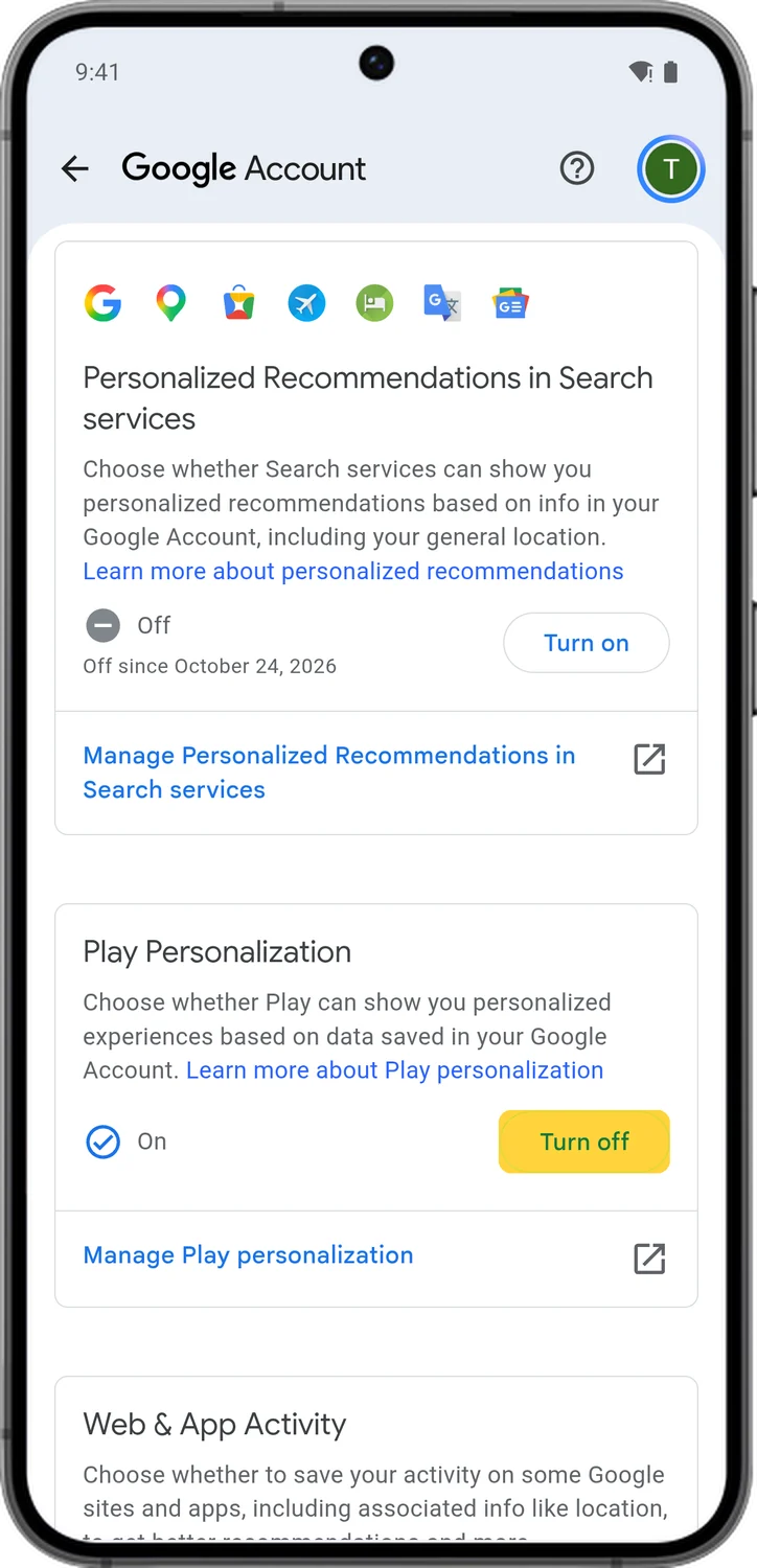 Google Account screen for step 4: Scroll down to Play Personalization and tap Turn off.