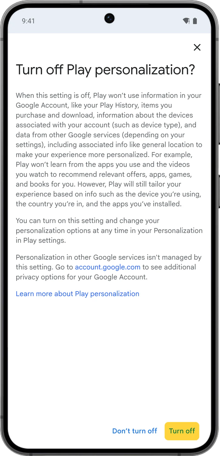 Google Account screen for step 5: Tap Turn off.