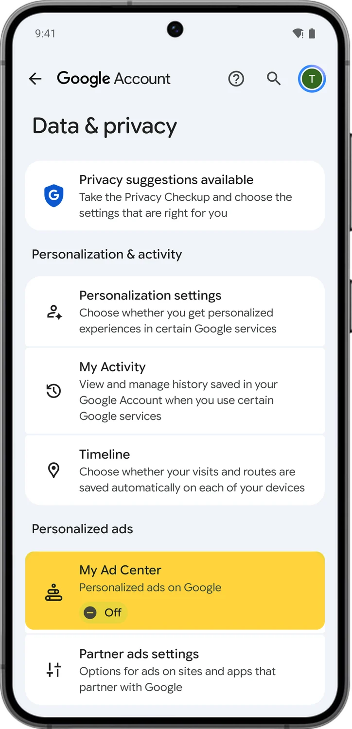 Google Account screen for step 1: On Data & privacy, tap My Ad Center.