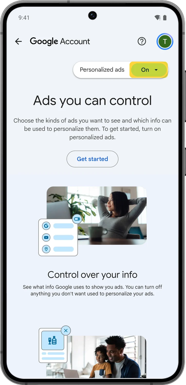 Google Account screen for step 2: Tap the Personalized ads switch at the top.