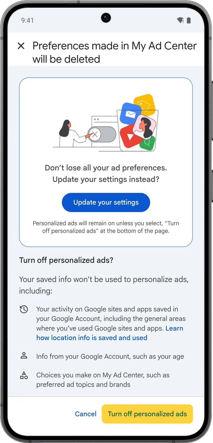 Google Account screen for step 3: Google warns that your ad preferences will be deleted. Scroll down and tap Turn off personalized ads.