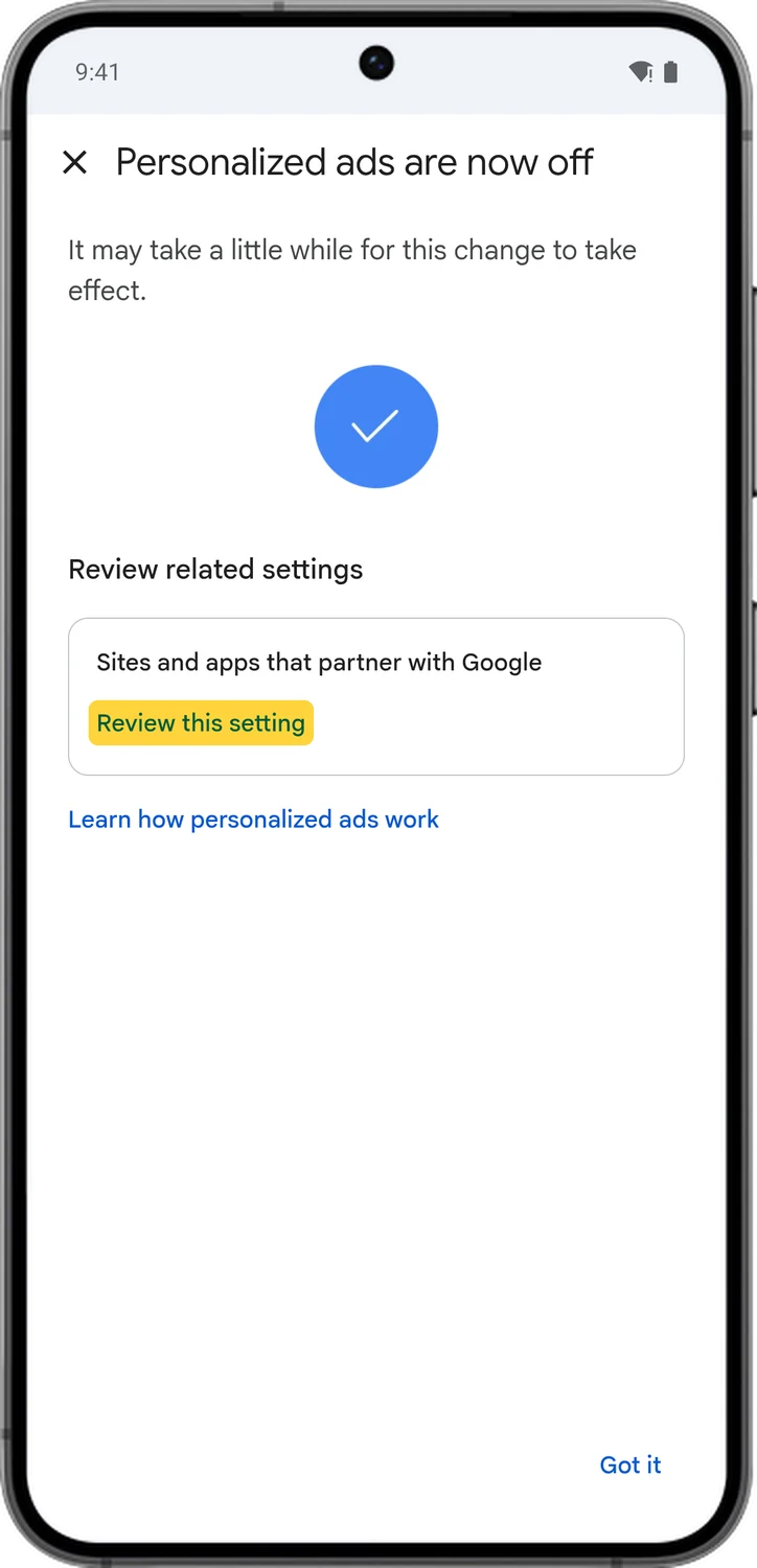 Google Account screen for step 4: Personalized ads are now off. Under Sites and apps that partner with Google, tap Review this setting.