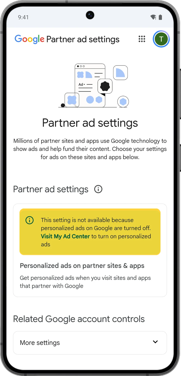 Google Account screen for step 5: Ads on partner sites and apps stop being personalized too, so there is nothing more to change here.