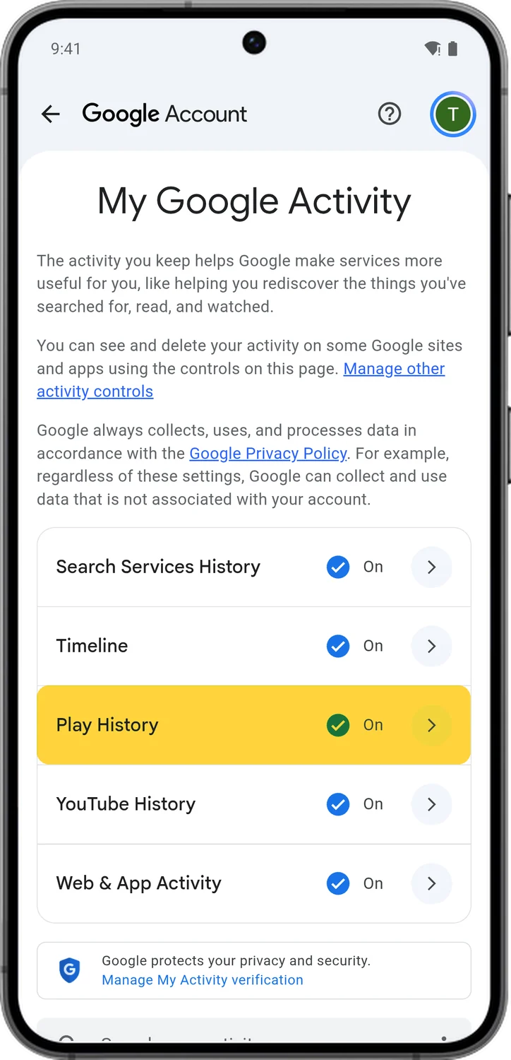 Google Account screen for step 1: In My Activity, tap Play History.