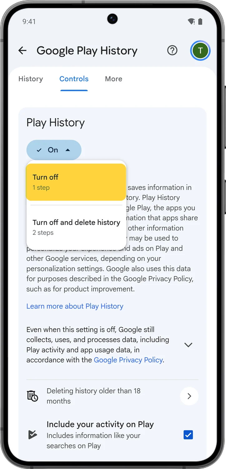 Google Account screen for step 3: Tap Turn off.