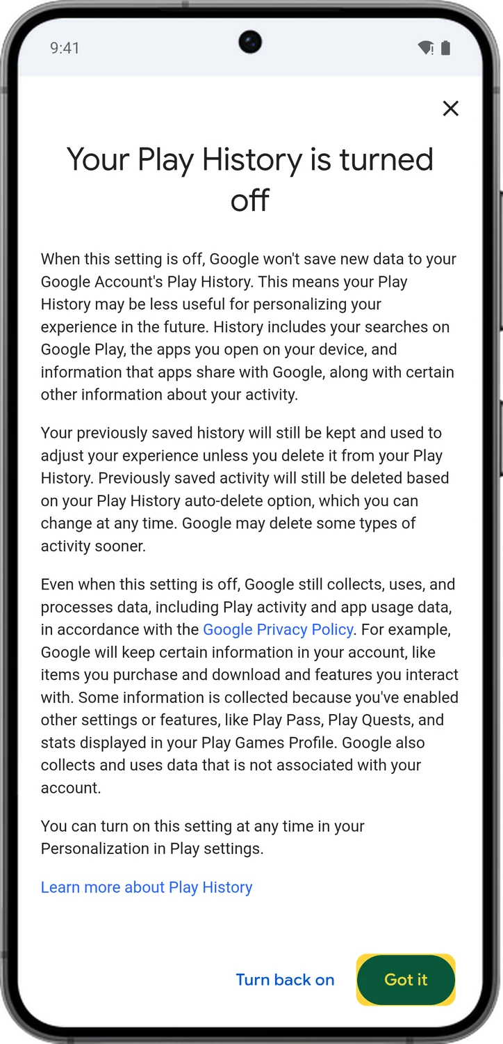 Google Account screen for step 4: Google confirms that new Play activity won't be saved. Tap Got it.