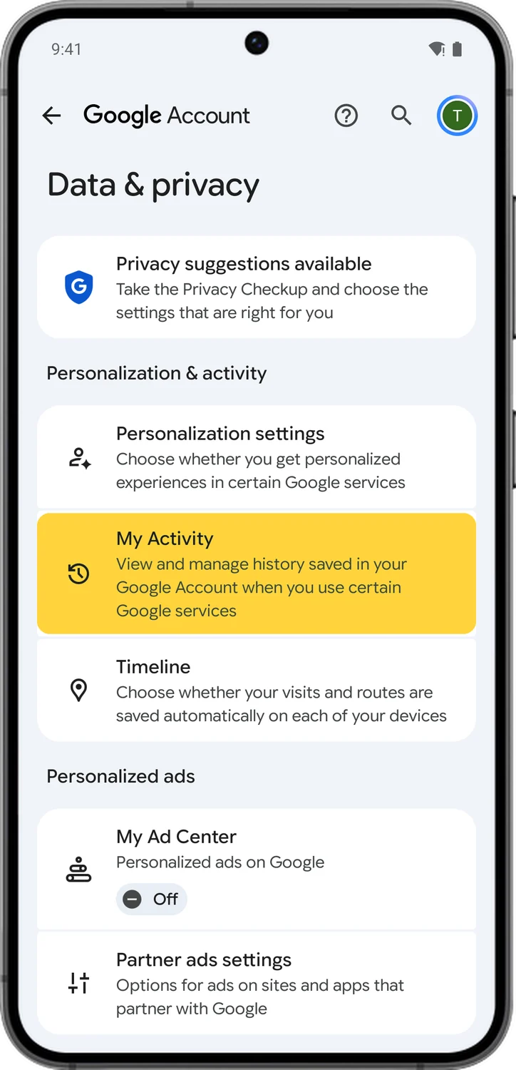 Google Account screen for step 1: On Data & privacy, tap My Activity.