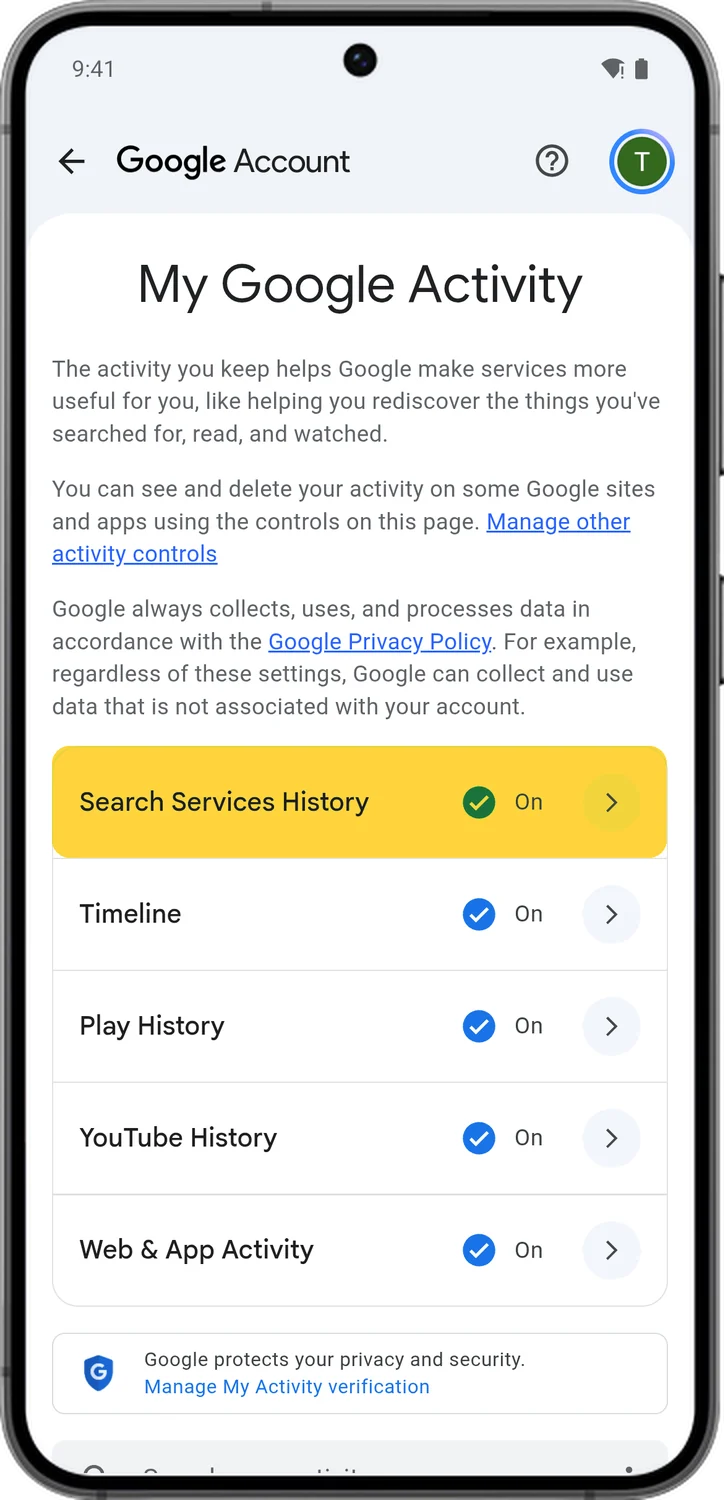 Google Account screen for step 2: Tap Search Services History.