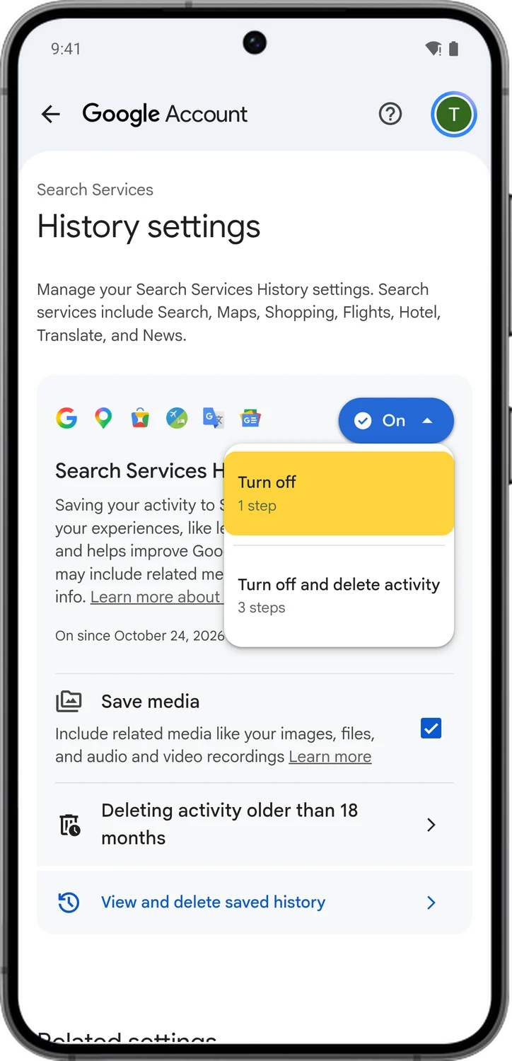 Google Account screen for step 4: Tap Turn off. Pick Turn off and delete activity instead if you also want to erase your past searches.
