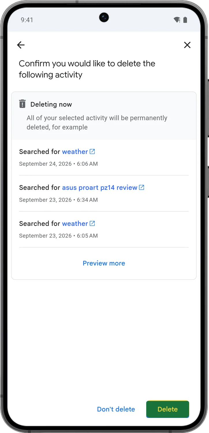 Google Account screen for step 7: If you picked Turn off and delete activity, Google shows a preview of what it will erase. Tap Delete.