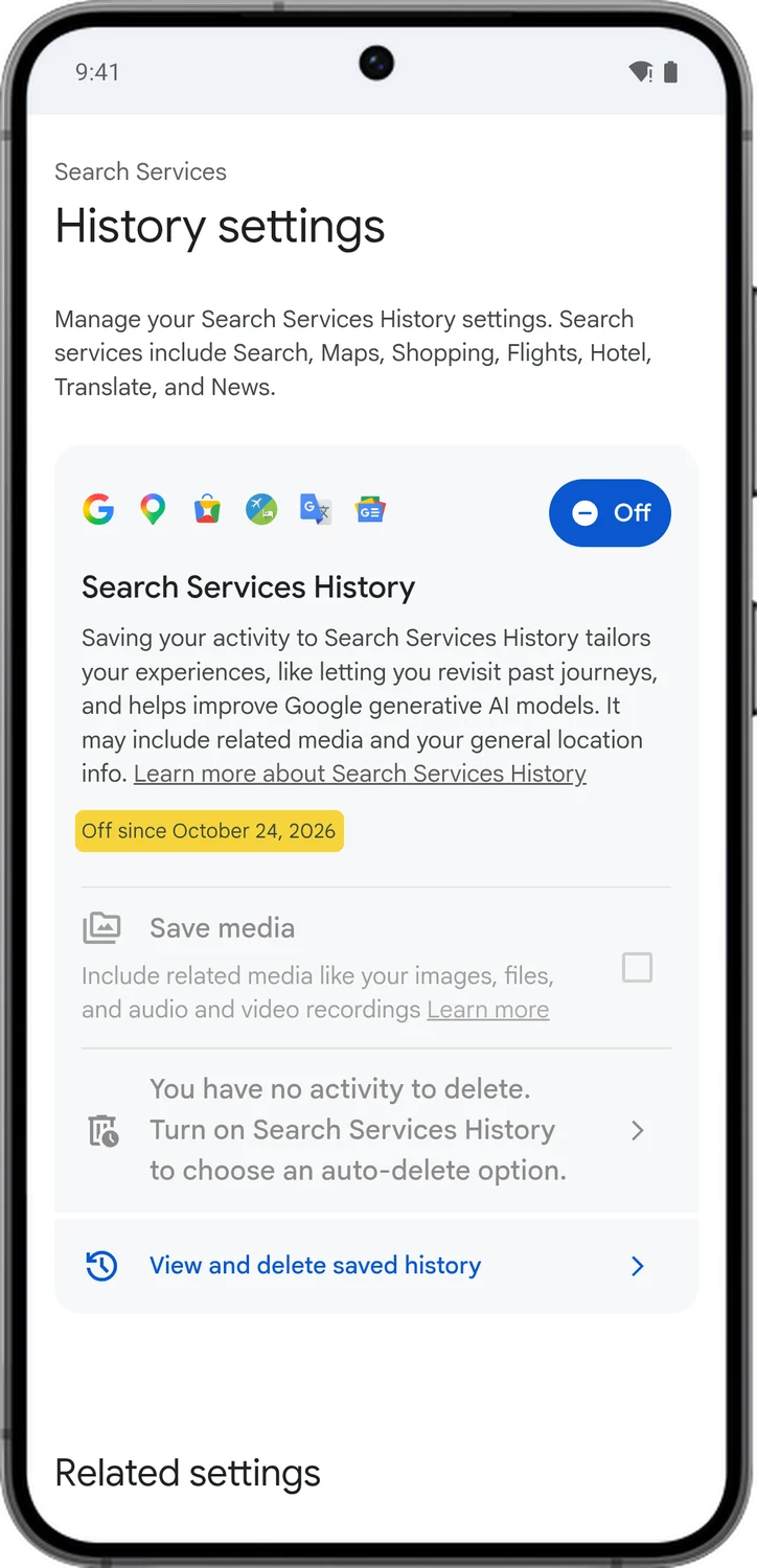 Google Account screen for step 8: Search Services History now says Off, and Save media is off with it.