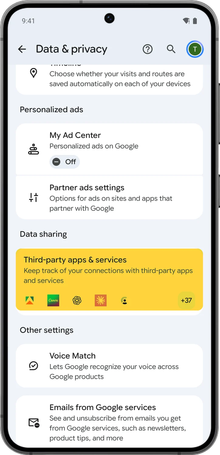 Google Account screen for step 1: On Data & privacy, scroll down to Data sharing and tap Third-party apps & services.