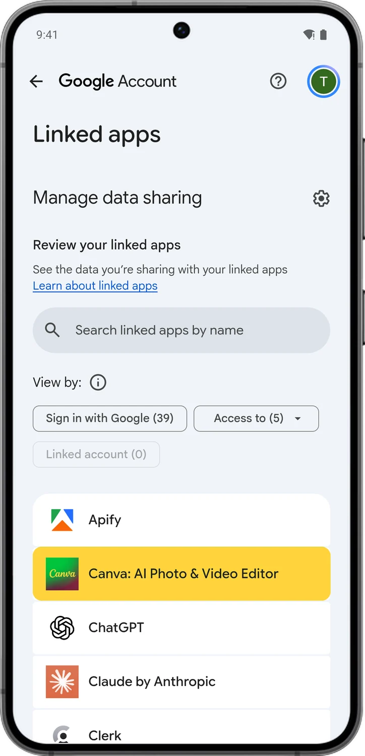 Google Account screen for step 2: You will see every app connected to your account. Tap one you no longer use.