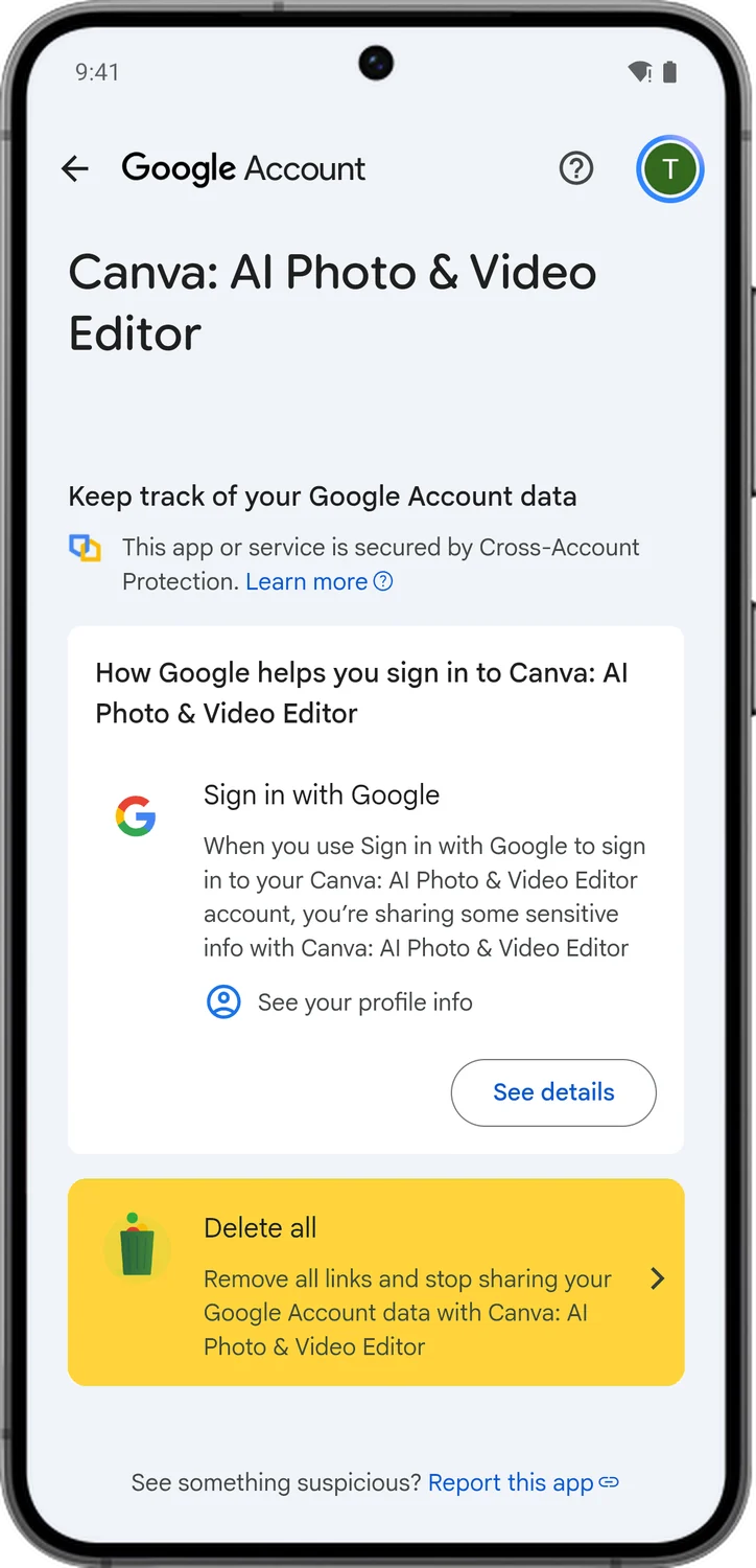 Google Account screen for step 3: Tap Delete all to remove its links and stop sharing your Google Account data with it.