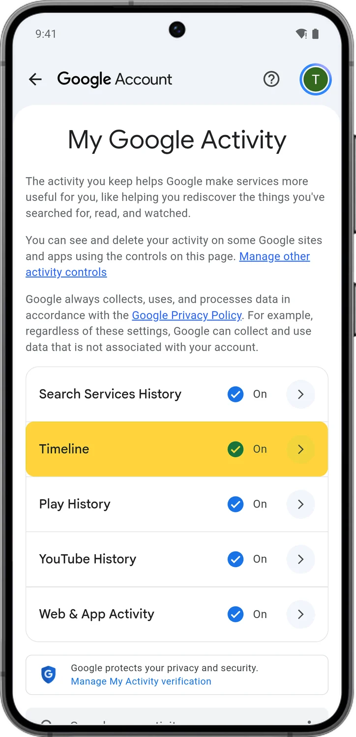 Google Account screen for step 1: In My Activity, tap Timeline.