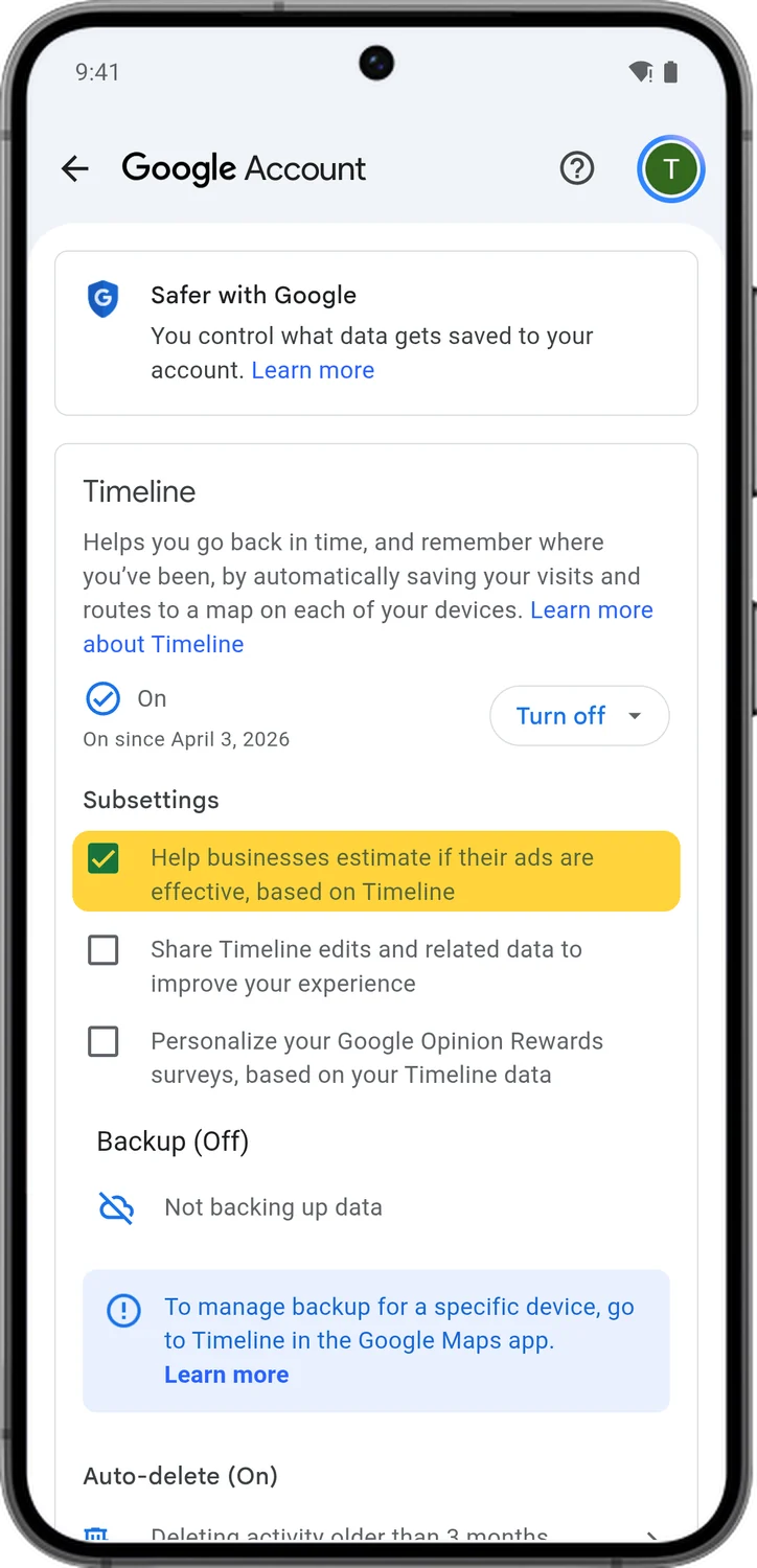 Google Account screen for step 2: Help businesses estimate if their ads are effective uses your visits to measure ads. Untick it if you keep Timeline on.