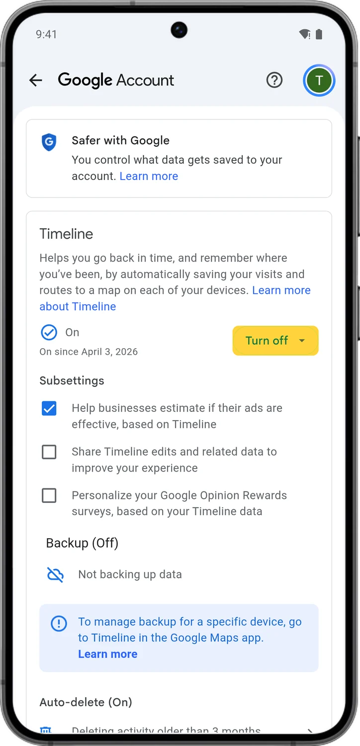 Google Account screen for step 3: To turn Timeline off, tap Turn off.