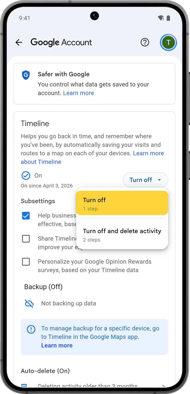 Google Account screen for step 4: Tap Turn off.