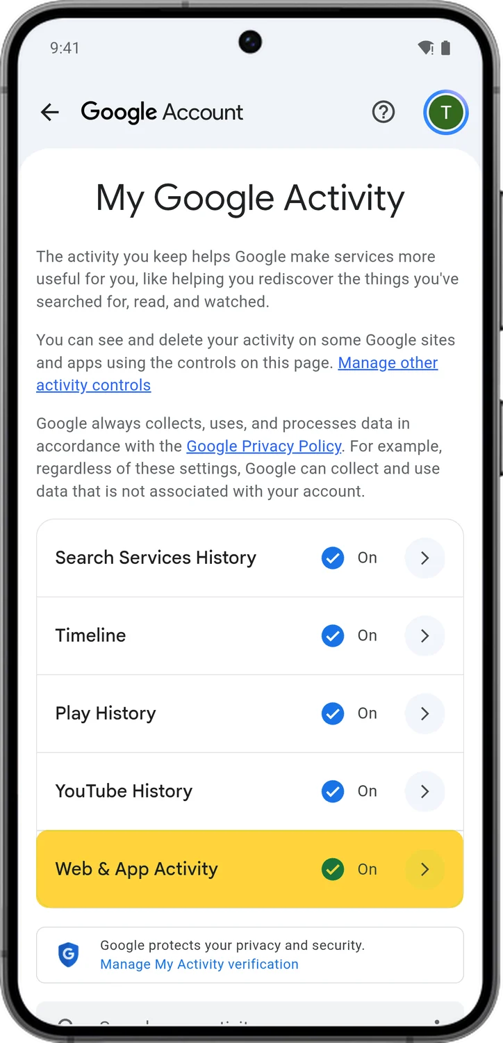 Google Account screen for step 1: In My Activity, tap Web & App Activity.