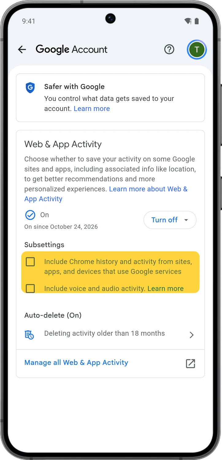 Google Account screen for step 2: If you want to keep it on, make sure both boxes under Subsettings are unticked.