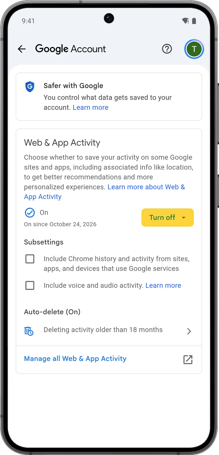 Google Account screen for step 3: To turn it off completely, tap Turn off.
