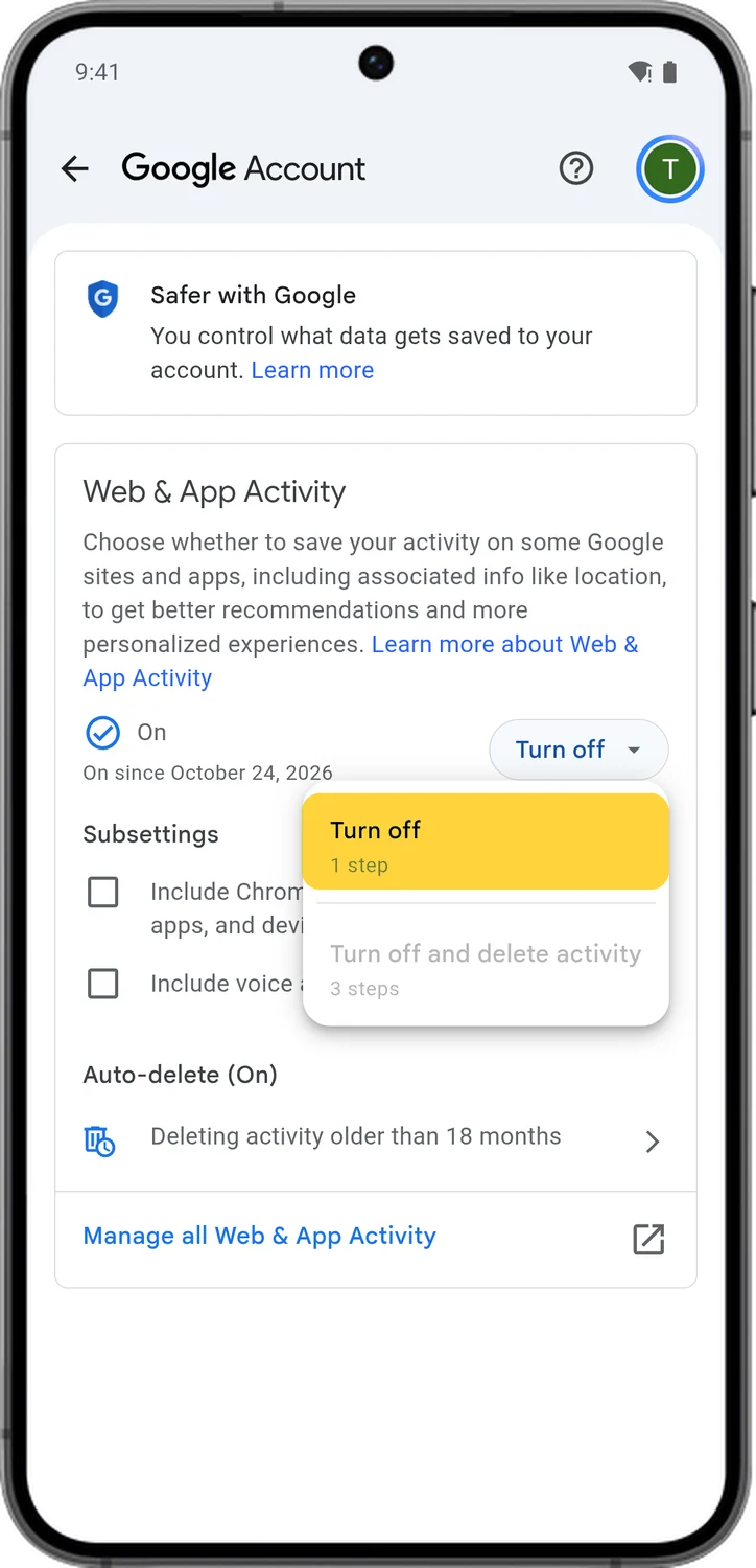 Google Account screen for step 4: Tap Turn off.