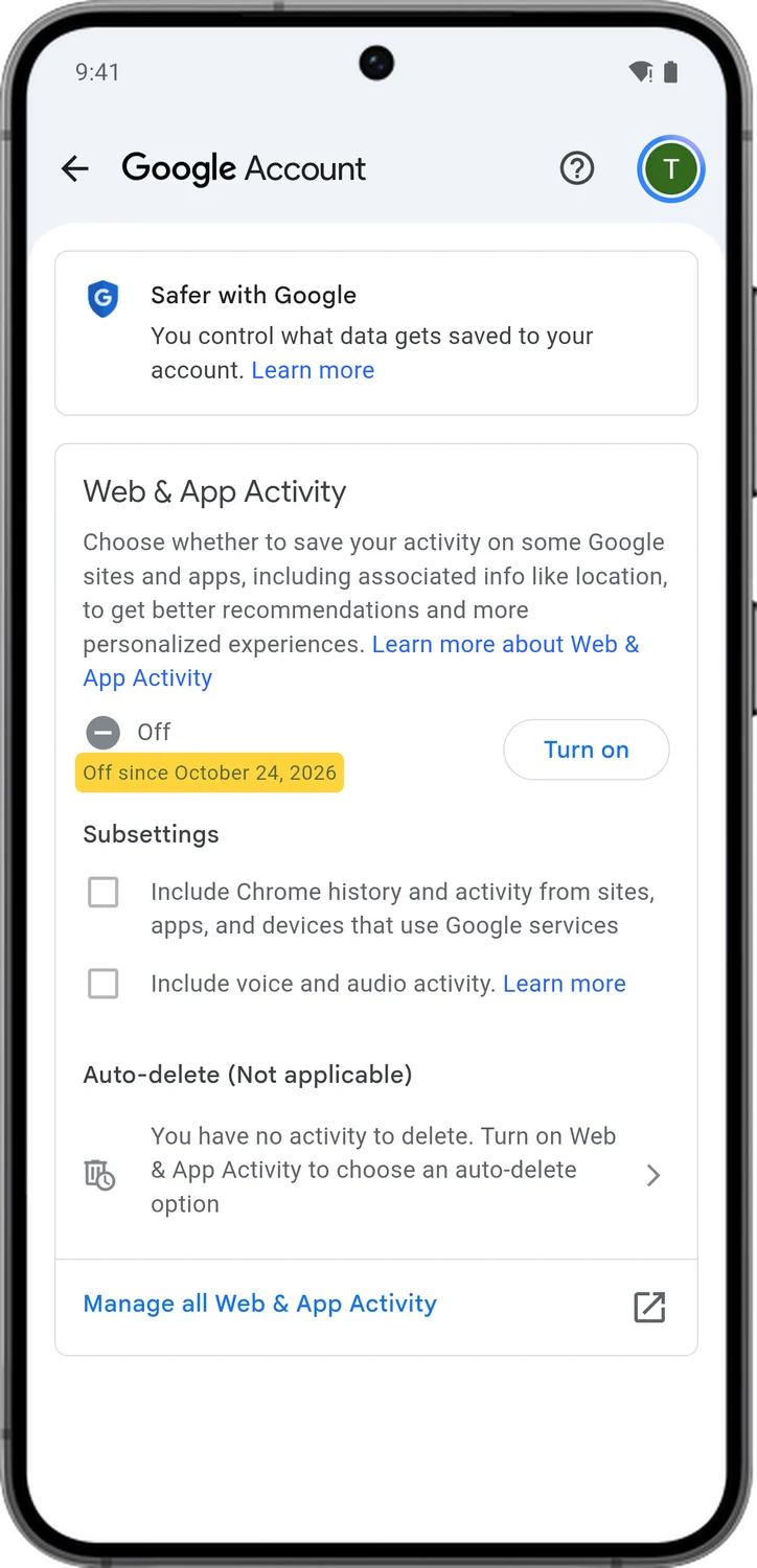 Google Account screen for step 6: Web & App Activity now says Off.