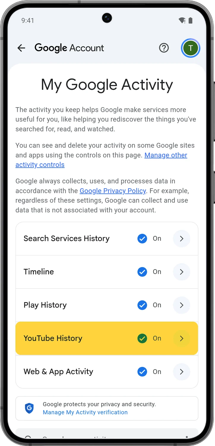 Google Account screen for step 1: In My Activity, tap YouTube History.